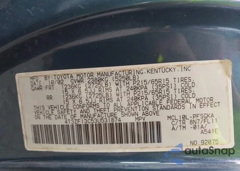 2003 Toyota Sienna Xle z USA, uszkodzony, nr VIN 4T3ZF13C53U531874